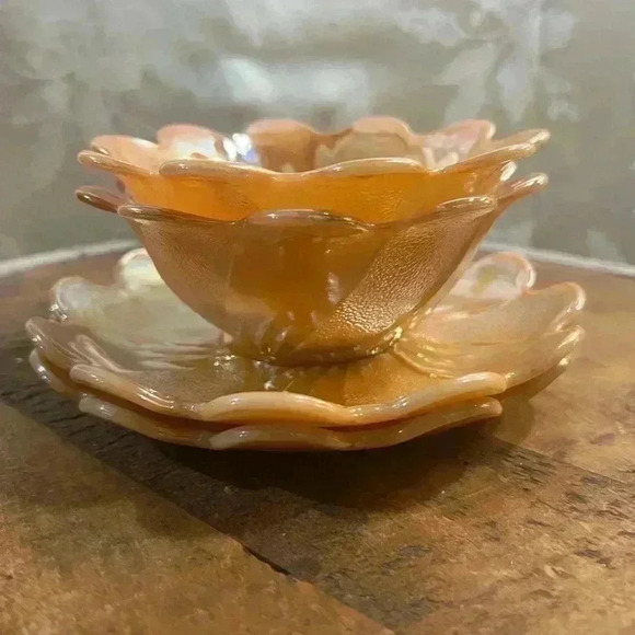 Vintage TWO (2) MCM Fire King Peach  Lustre Lotus Flower Bowl And Underplate Set - Picture 1 of 8